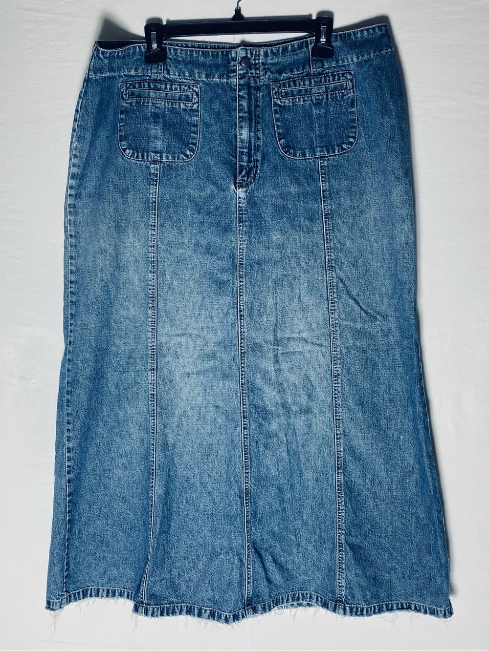 Vintage 90s Contrast Low Rise Med Wash Denim Maxi Skirt W Raw Hem 18
